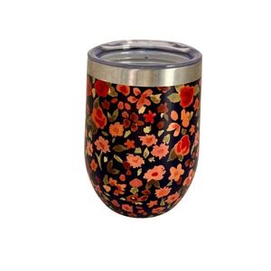 Floral Insulated Tumbler Stainless Steel Navy Orange Flower Wine Cup with Lid